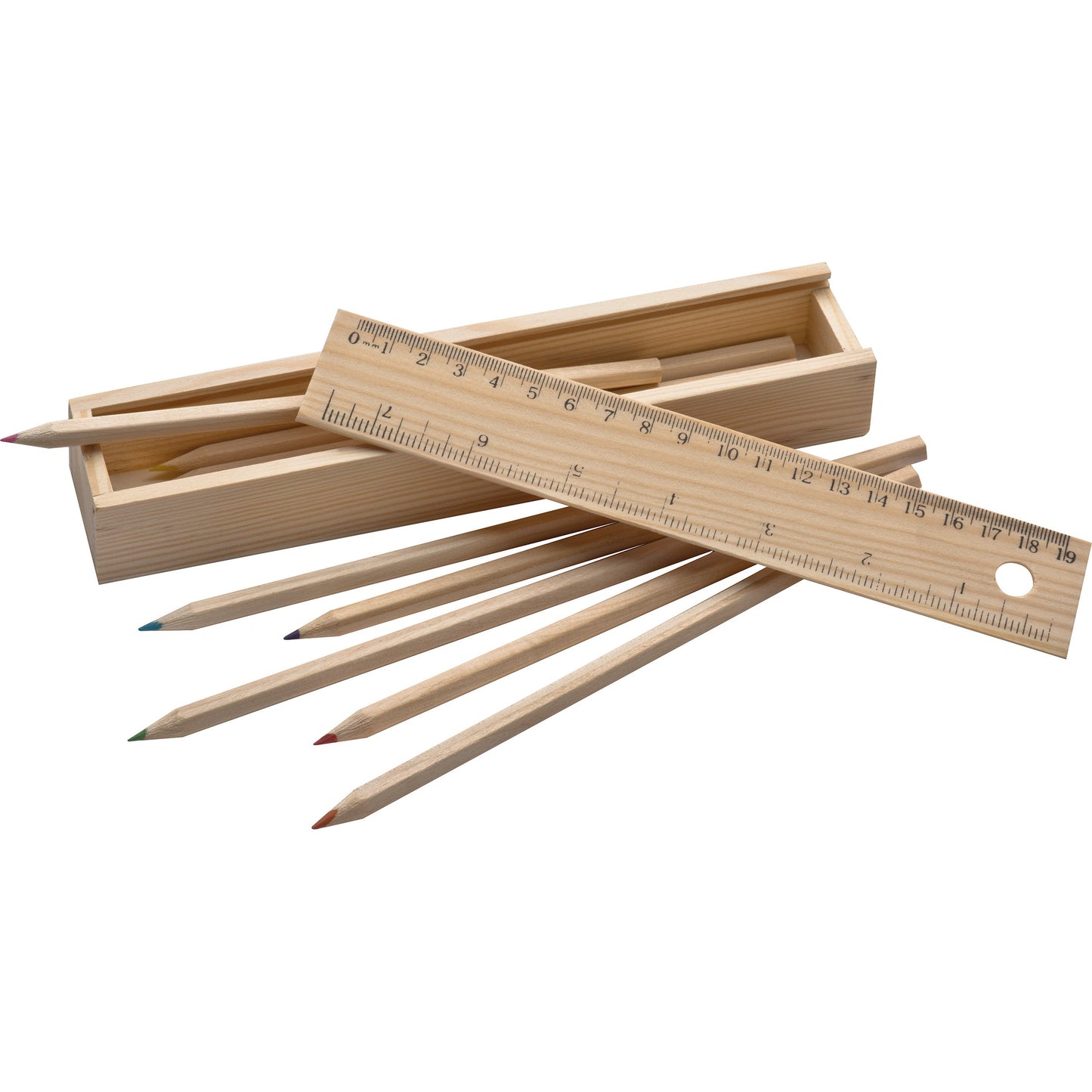Holzbox mit 8 Buntstiften und Lineal ADELE