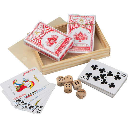 Spielkarten in Holzbox mit Würfel BRIAN