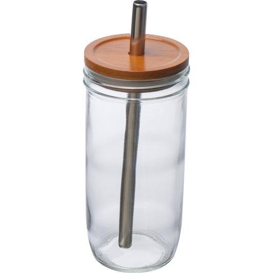 Glasbecher mit Bambusdeckel und Trinkhalm BENEDYKT
